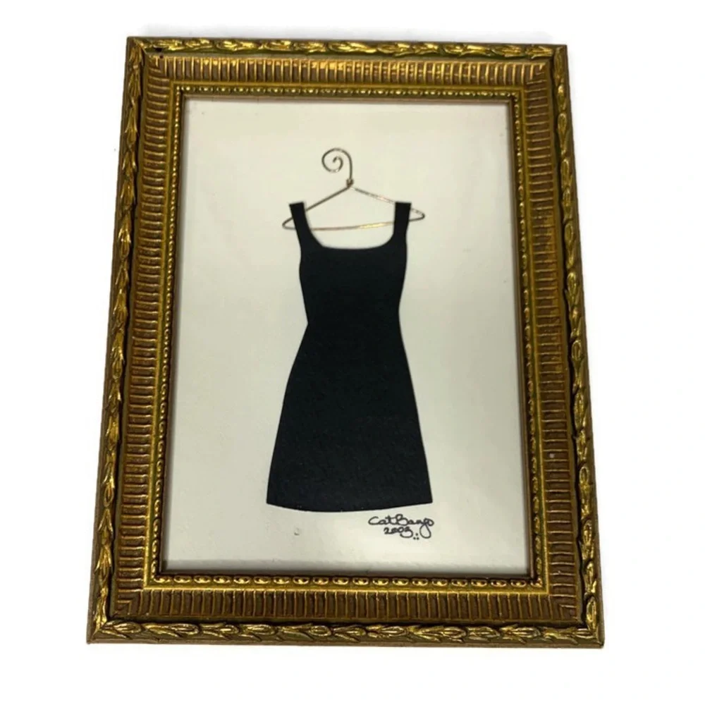 Gold Frame Little Black Dress Hanger Paper Art Collage Mini Frame Signed 8 1/2”